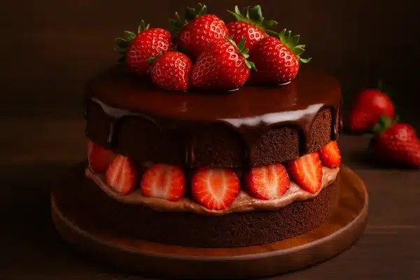 bolo de morango com chiffon de chocolate