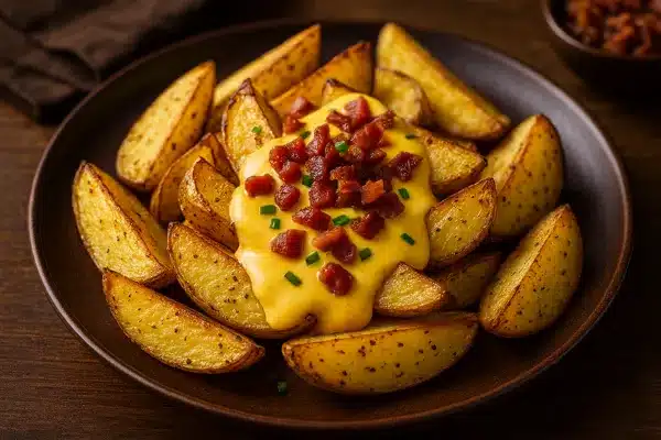 Batata rústica com creme de queijo e bacon