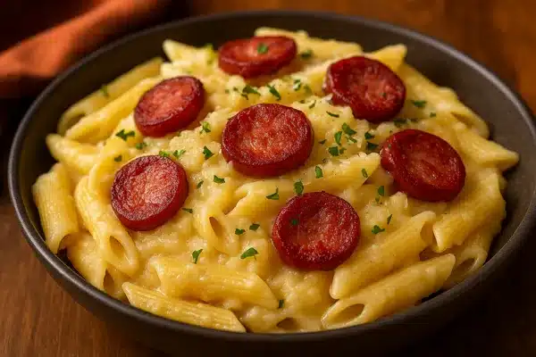 Macarrão com creme de batata com calabresa